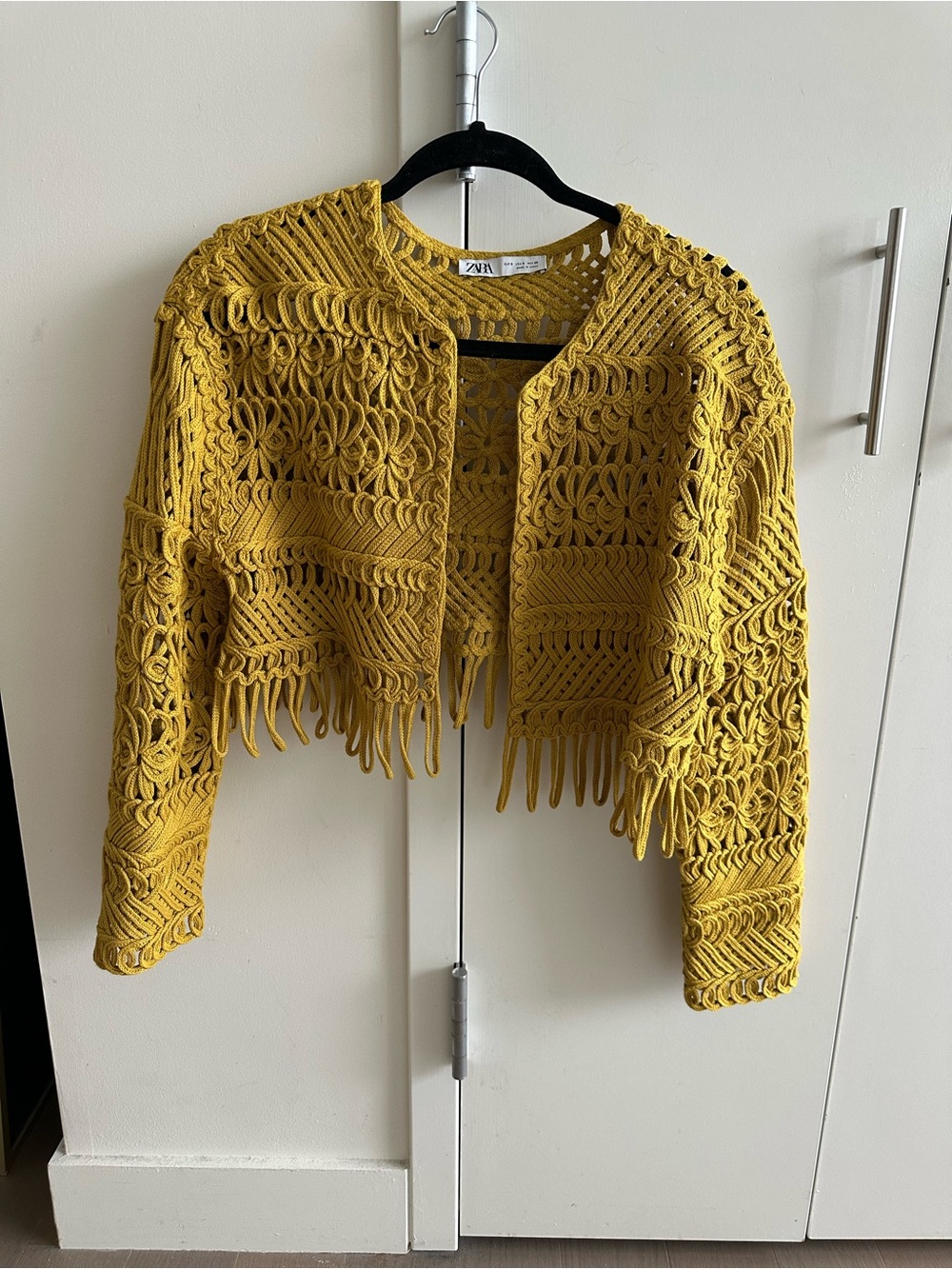 Zara Crochet Fringe Openwork Cardigan in Mustard